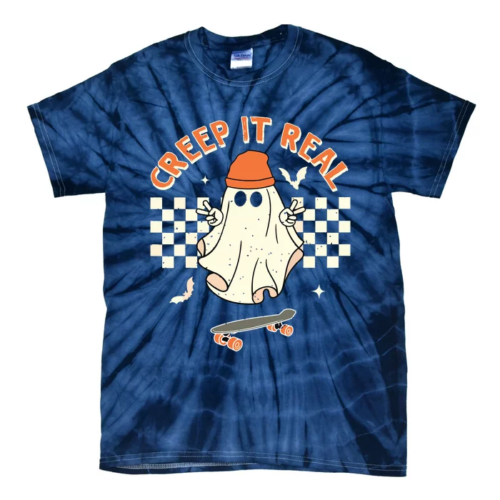 Creep It Real Skateboarding Ghost Retro Halloween Costume Tie-Dye T-Shirt