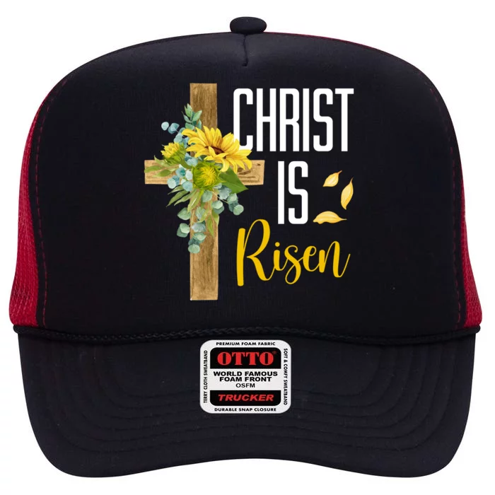 Christ Is Risen Sunflower Cross Easter High Crown Mesh Trucker Hat