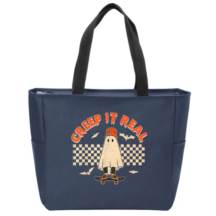 Creep It Real Skateboarding Ghost Retro Halloween Costume Zip Tote Bag