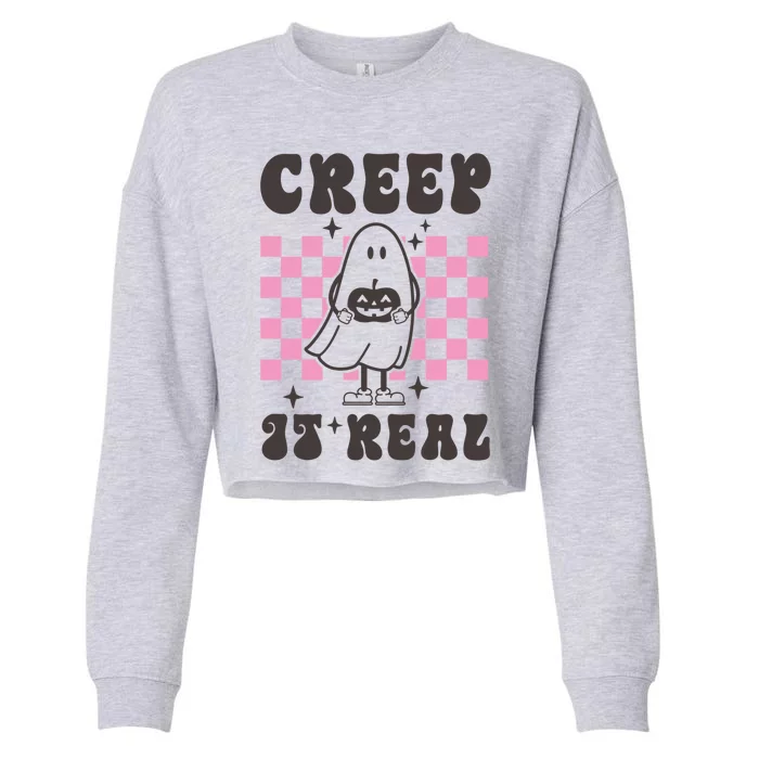 Creep It Real Cute Ghost Pumpkin Groovy Retro Halloween Gift Cropped Pullover Crew