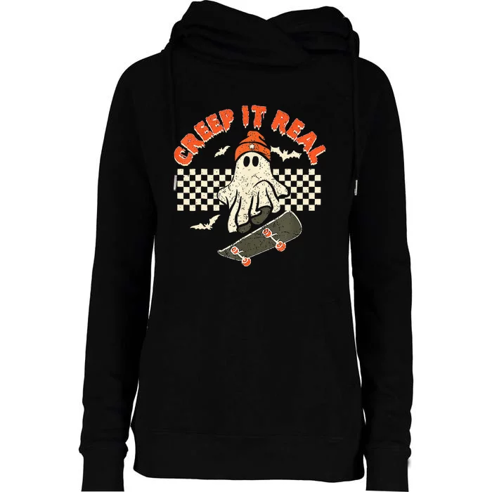 Creep It Real Skateboarding Retro Halloween Ghost Costume Womens Funnel Neck Pullover Hood