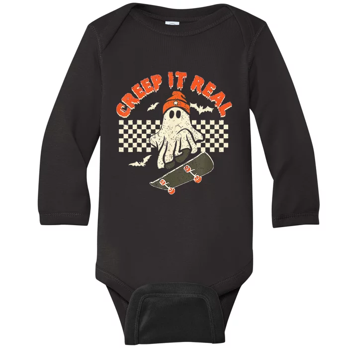 Creep It Real Skateboarding Retro Halloween Ghost Costume Baby Long Sleeve Bodysuit