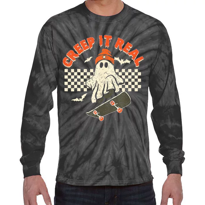 Creep It Real Skateboarding Retro Halloween Ghost Costume Tie-Dye Long Sleeve Shirt