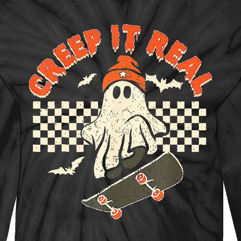 Creep It Real Skateboarding Retro Halloween Ghost Costume Tie-Dye Long Sleeve Shirt