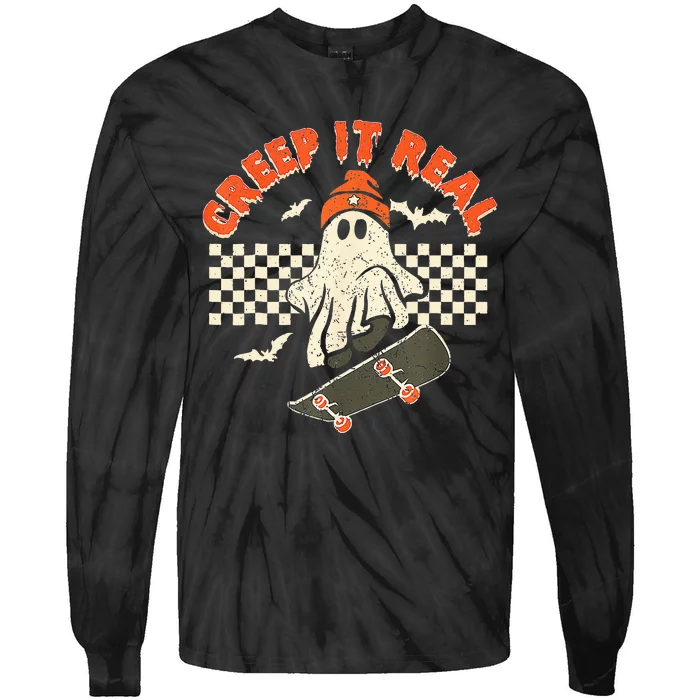 Creep It Real Skateboarding Retro Halloween Ghost Costume Tie-Dye Long Sleeve Shirt