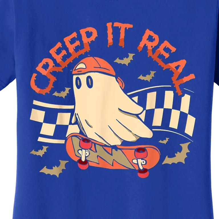 Creep It Real Ghost Skateboard Halloween Retro Grovvy Fall Gift Women's T-Shirt