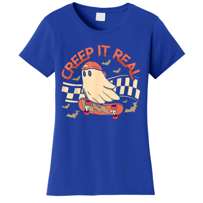 Creep It Real Ghost Skateboard Halloween Retro Grovvy Fall Gift Women's T-Shirt