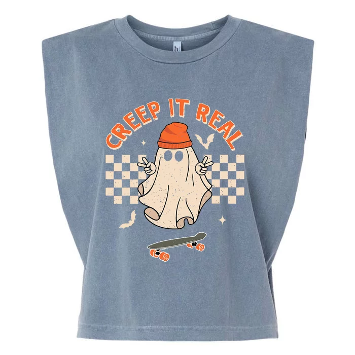 Creep It Real Skateboarding Ghost Retro Halloween Costume Garment-Dyed Women's Muscle Tee