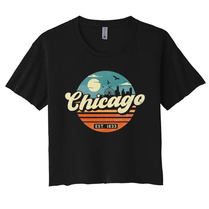 Chicago Illinois Retro Skyline Night Il Souvenirs Women's Crop Top Tee