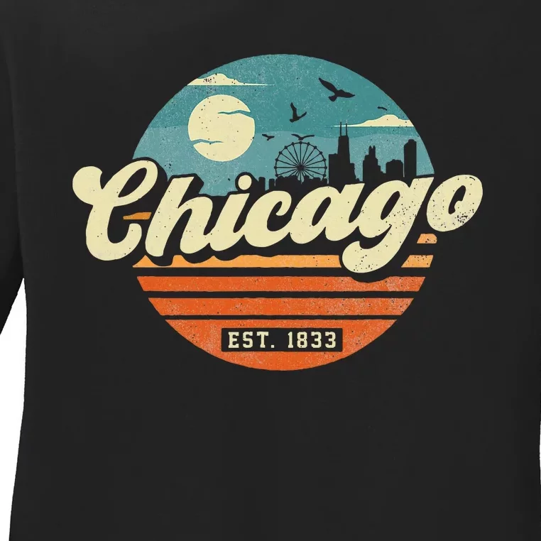 Chicago Illinois Retro Skyline Night Il Souvenirs Ladies Long Sleeve Shirt