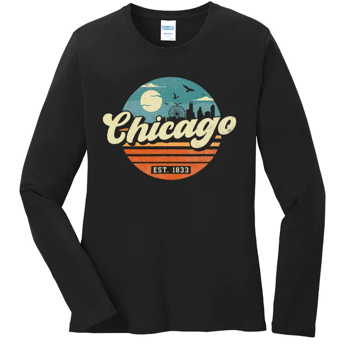 Chicago Illinois Retro Skyline Night Il Souvenirs Ladies Long Sleeve Shirt