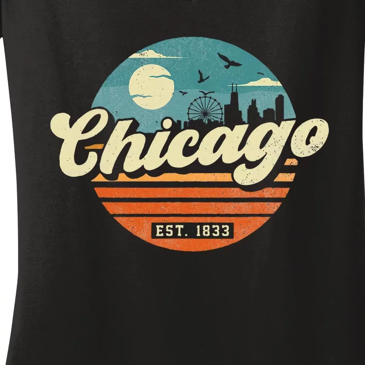 Chicago Illinois Retro Skyline Night Il Souvenirs Women's V-Neck T-Shirt