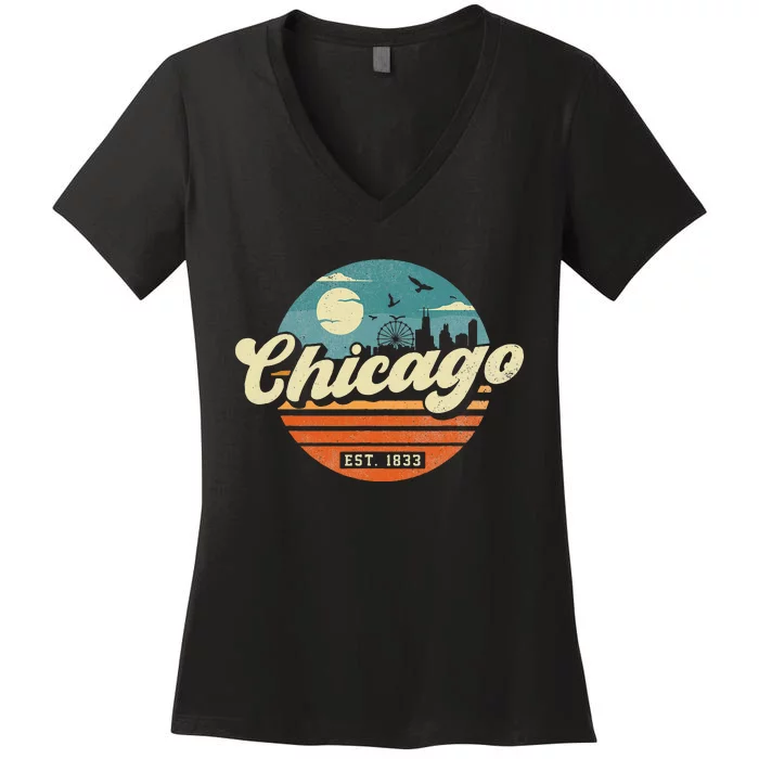 Chicago Illinois Retro Skyline Night Il Souvenirs Women's V-Neck T-Shirt