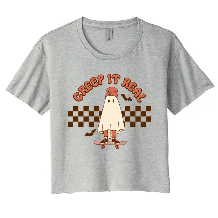 Creep It Real Funny Ghost Halloween Skateboard Cool Gift Women's Crop Top Tee