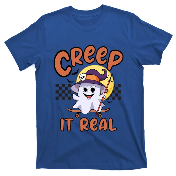 Creep It Real Vintage Retro Ghost On Skateboard Checkerboard Gift T-Shirt