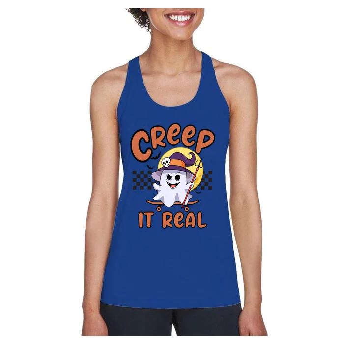 Creep It Real Vintage Retro Ghost On Skateboard Checkerboard Gift Women's Racerback Tank