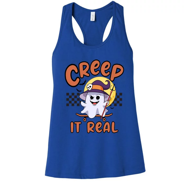 Creep It Real Vintage Retro Ghost On Skateboard Checkerboard Gift Women's Racerback Tank