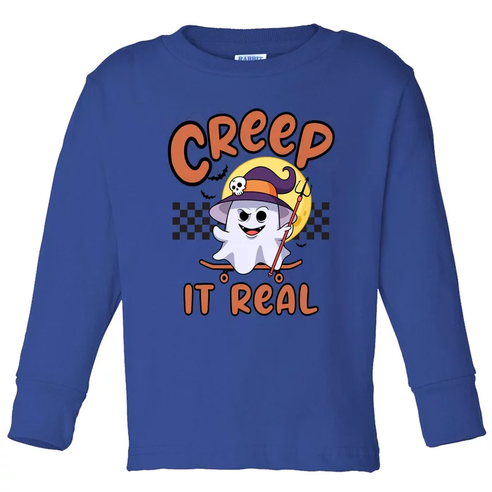 Creep It Real Vintage Retro Ghost On Skateboard Checkerboard Gift Toddler Long Sleeve Shirt