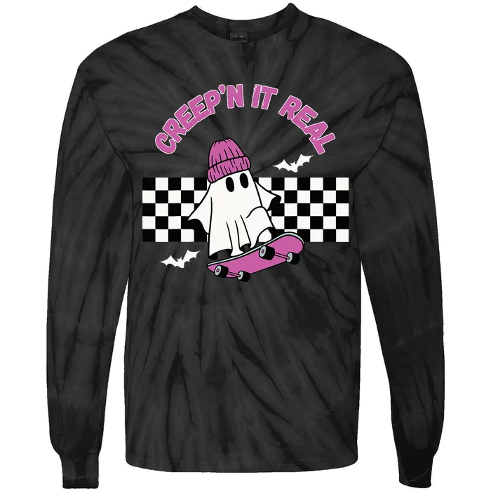 Creep It Real Skateboarding Ghost Halloween Fun Costume Tie-Dye Long Sleeve Shirt