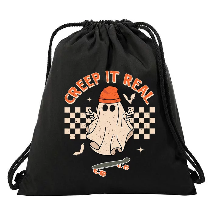 Creep It Real Skateboarding Ghost Retro Halloween Costume Drawstring Bag