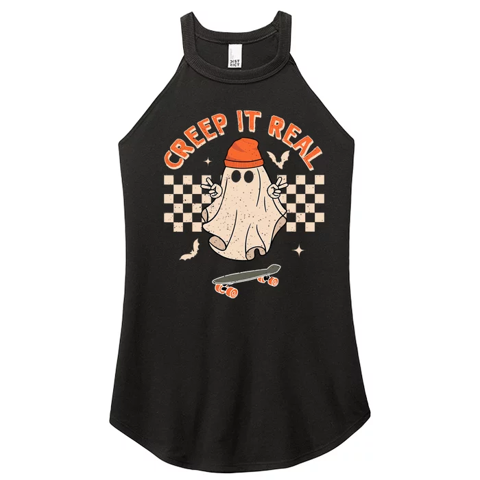 Creep It Real Skateboarding Ghost Retro Halloween Costume Women’s Perfect Tri Rocker Tank