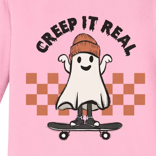 Creep It Real Cute Ghost Skateboard Lazy Halloween Costume Great Gift Baby Long Sleeve Bodysuit