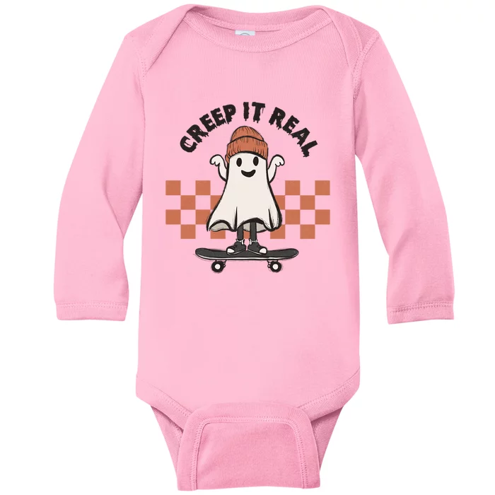 Creep It Real Cute Ghost Skateboard Lazy Halloween Costume Great Gift Baby Long Sleeve Bodysuit