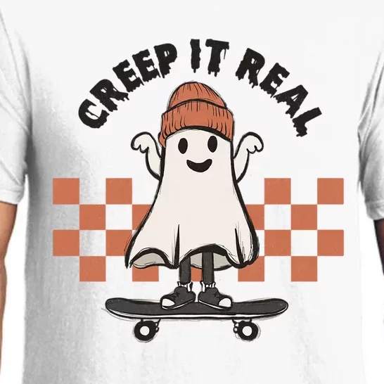 Creep It Real Cute Ghost Skateboard Lazy Halloween Costume Great Gift Pajama Set