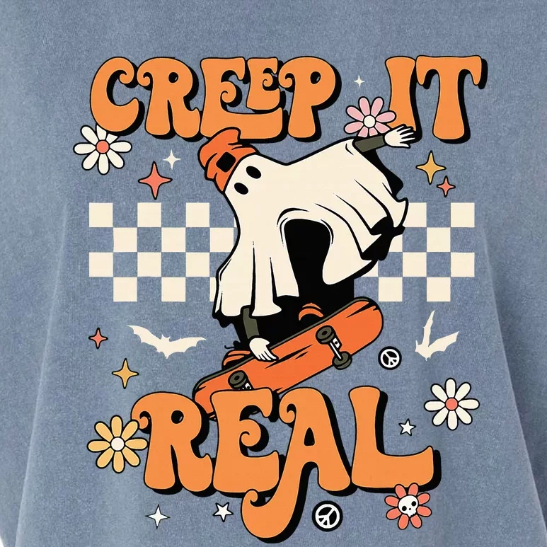 Creep It Real Retro Halloween Party Funny Ghost Skateboard Garment-Dyed Women's Muscle Tee