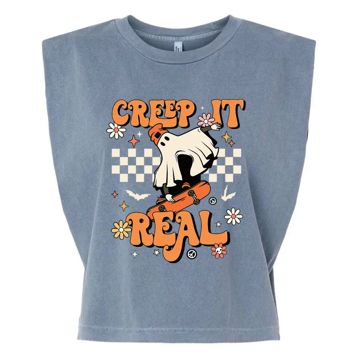 Creep It Real Retro Halloween Party Funny Ghost Skateboard Garment-Dyed Women's Muscle Tee