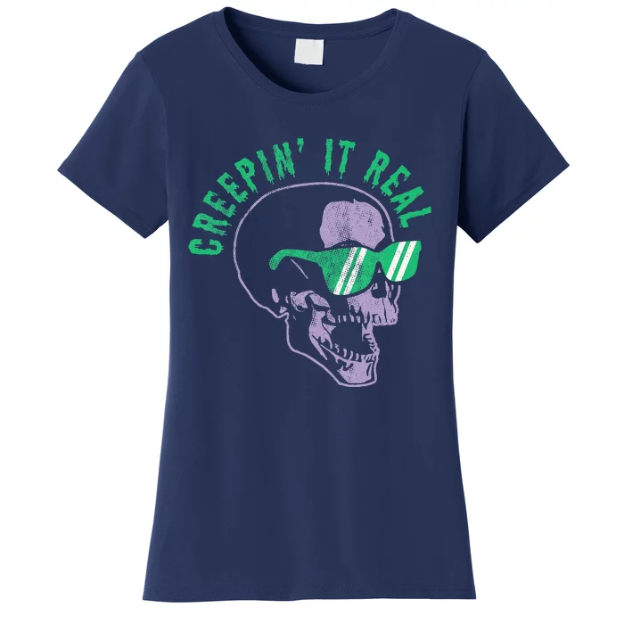 Creepin It Real Halloween Skull With Sunglasses Spooky Pun Women's T-Shirt