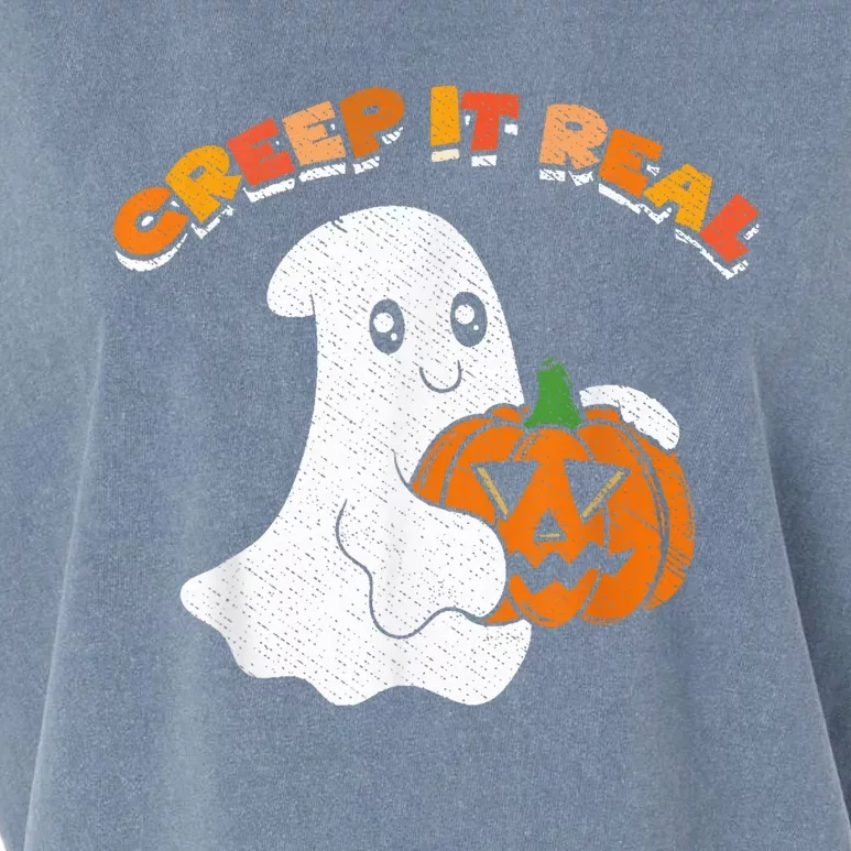 Creep It Real Retro Halloween Cute Ghost Holding Pumpkin Garment-Dyed Women's Muscle Tee