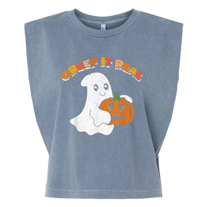 Creep It Real Retro Halloween Cute Ghost Holding Pumpkin Garment-Dyed Women's Muscle Tee