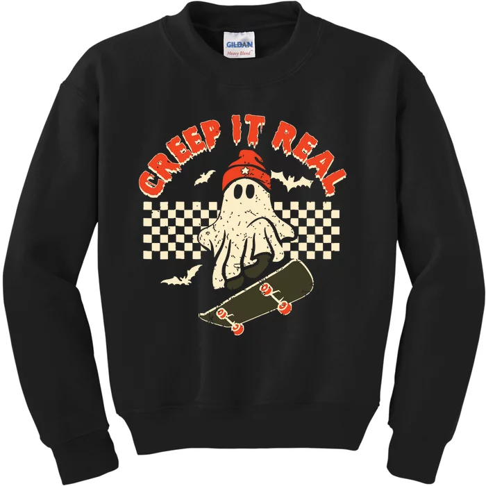 Creep It Real Skateboarding Retro Halloween Ghost Costume Kids Sweatshirt