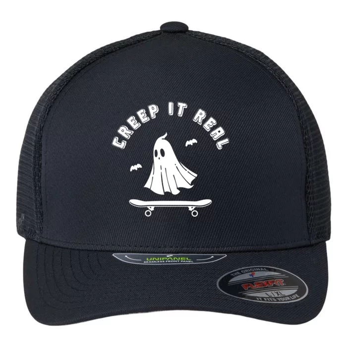 Creep It Real Skateboard Ghost Skateboarding Halloween Flexfit Unipanel Trucker Cap