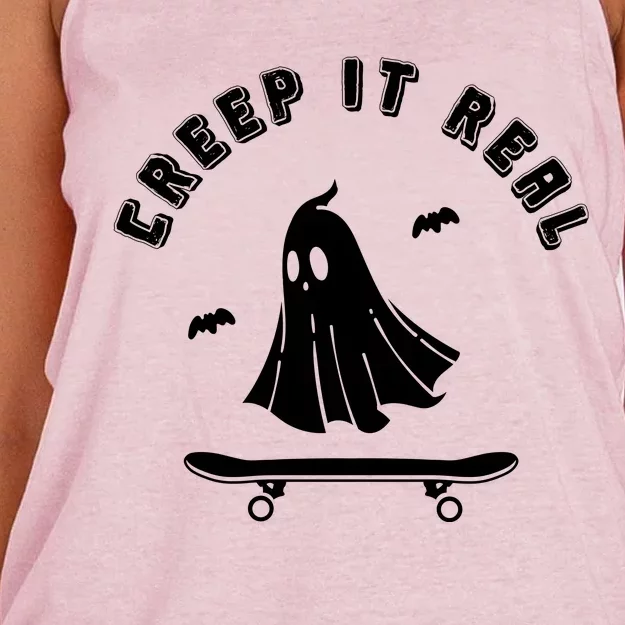 Creep It Real Skateboard Ghost Skateboarding Halloween Women's Knotted Racerback Tank