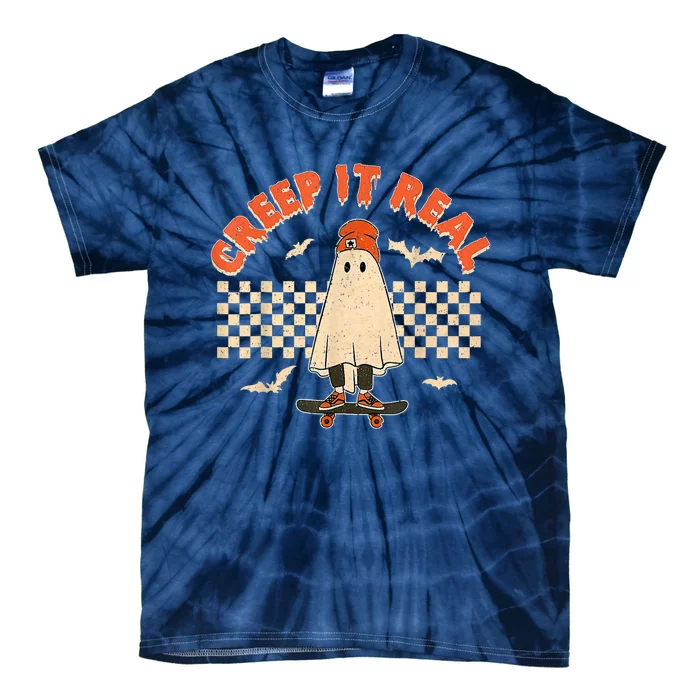 Creep It Real Skateboarding Ghost Retro Halloween Costume Tie-Dye T-Shirt