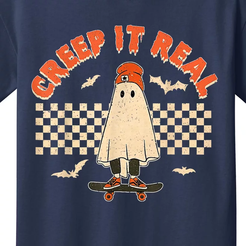 Creep It Real Skateboarding Ghost Retro Halloween Costume Kids T-Shirt