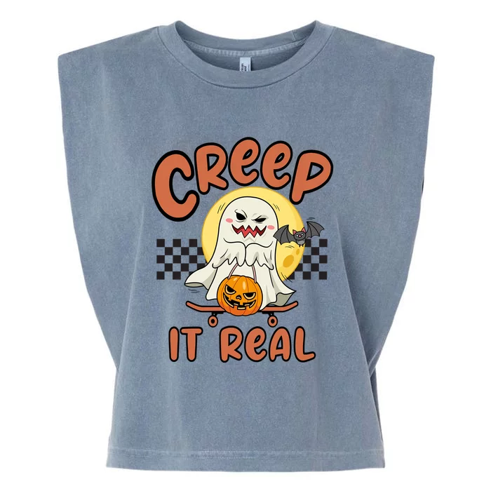 Creep It Real Vintage Retro Ghost On Skateboard Checkerboard Gift Garment-Dyed Women's Muscle Tee