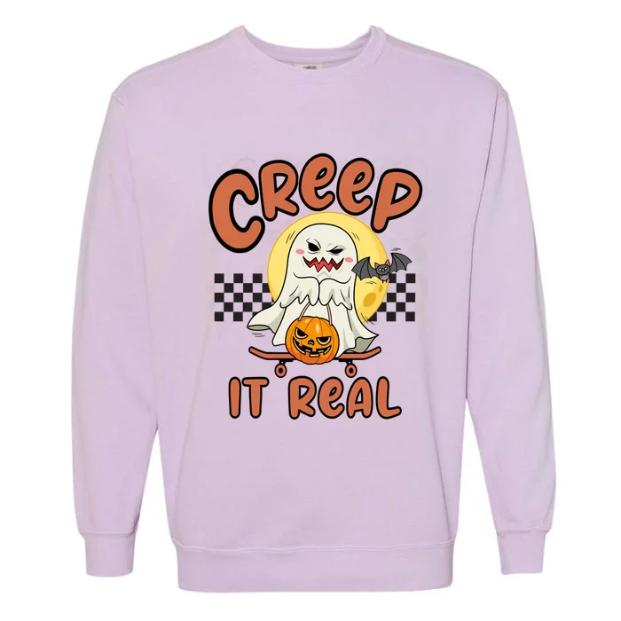 Creep It Real Vintage Retro Ghost On Skateboard Checkerboard Gift Garment-Dyed Sweatshirt