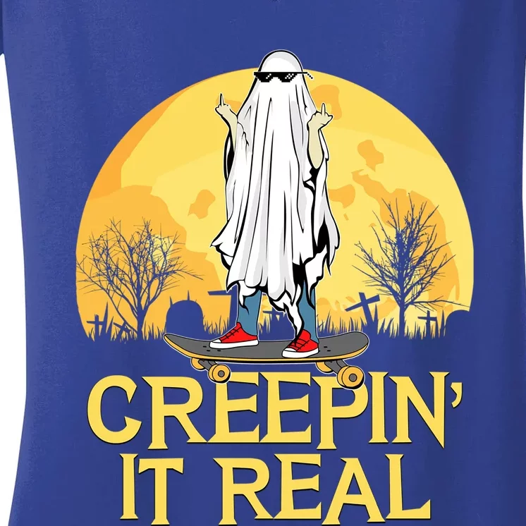 Creepin It Real Skateboard Ghost Funny Retro Halloween Meaningful Gift Women's V-Neck T-Shirt