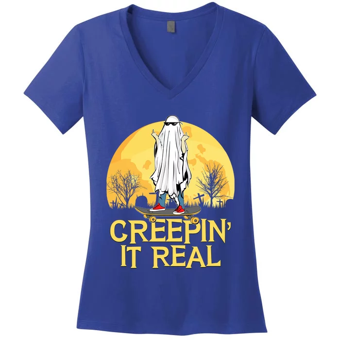 Creepin It Real Skateboard Ghost Funny Retro Halloween Meaningful Gift Women's V-Neck T-Shirt