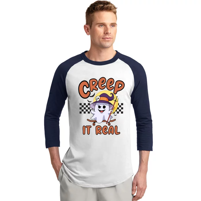 Creep It Real Vintage Retro Ghost On Skateboard Checkerboard Cool Gift Baseball Sleeve Shirt