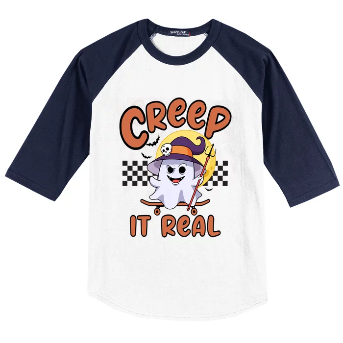 Creep It Real Vintage Retro Ghost On Skateboard Checkerboard Cool Gift Baseball Sleeve Shirt