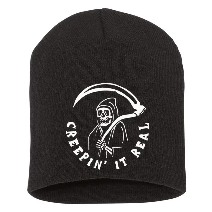 Creepin It Real Grim Reaper Halloween Short Acrylic Beanie