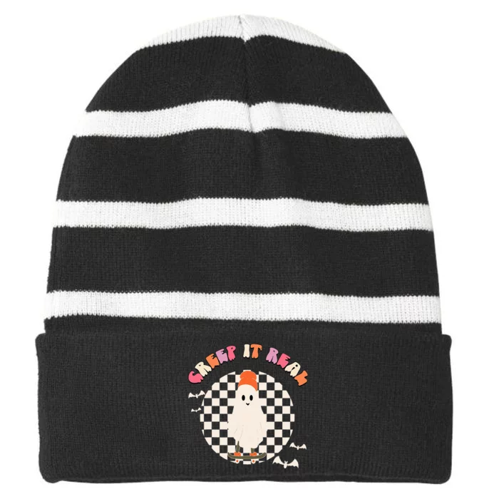 Creep It Real Ghost Halloween Striped Beanie with Solid Band