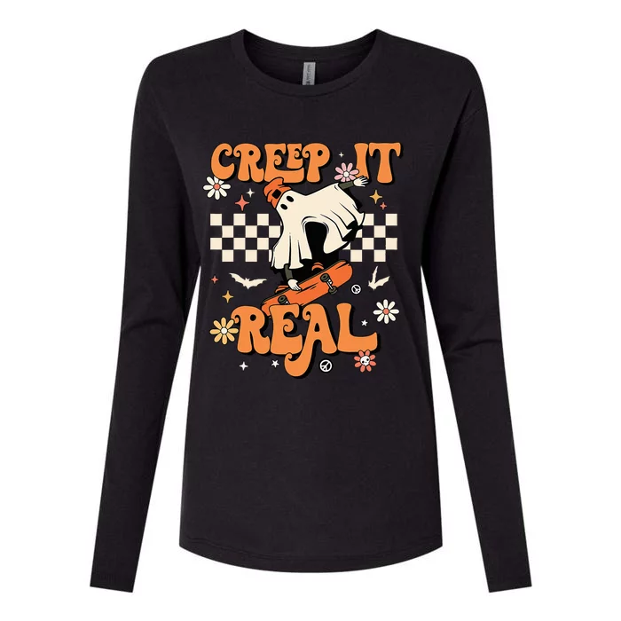 Creep It Real Retro Halloween Party Ghost Skateboard Womens Cotton Relaxed Long Sleeve T-Shirt