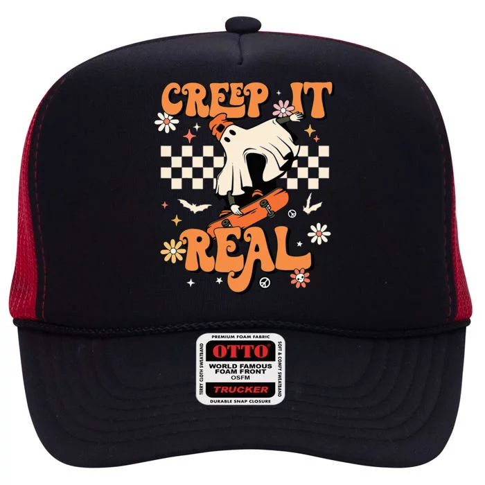 Creep It Real Retro Halloween Party Ghost Skateboard High Crown Mesh Trucker Hat