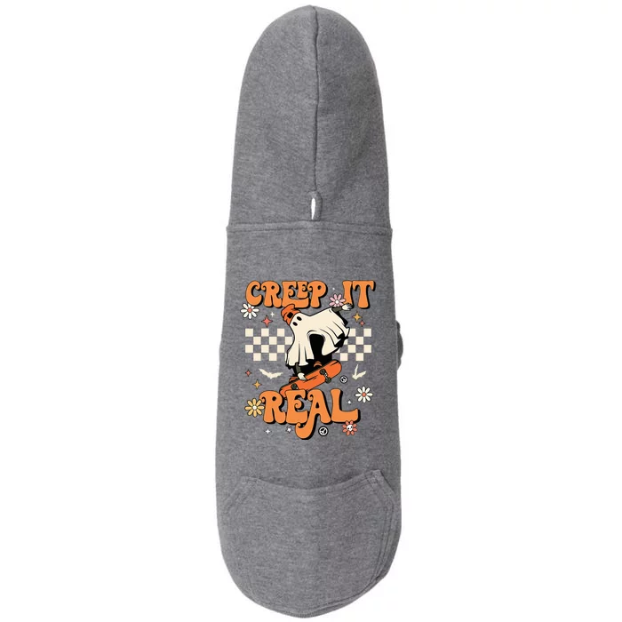 Creep It Real Retro Halloween Party Ghost Skateboard Doggie 3-End Fleece Hoodie