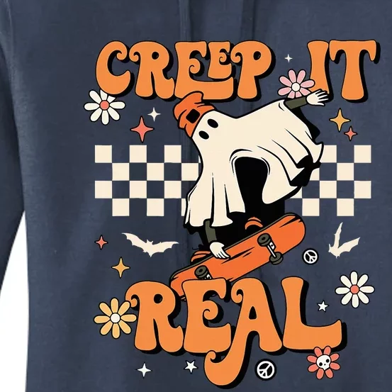 Creep It Real Retro Halloween Party Ghost Skateboard Women's Pullover Hoodie